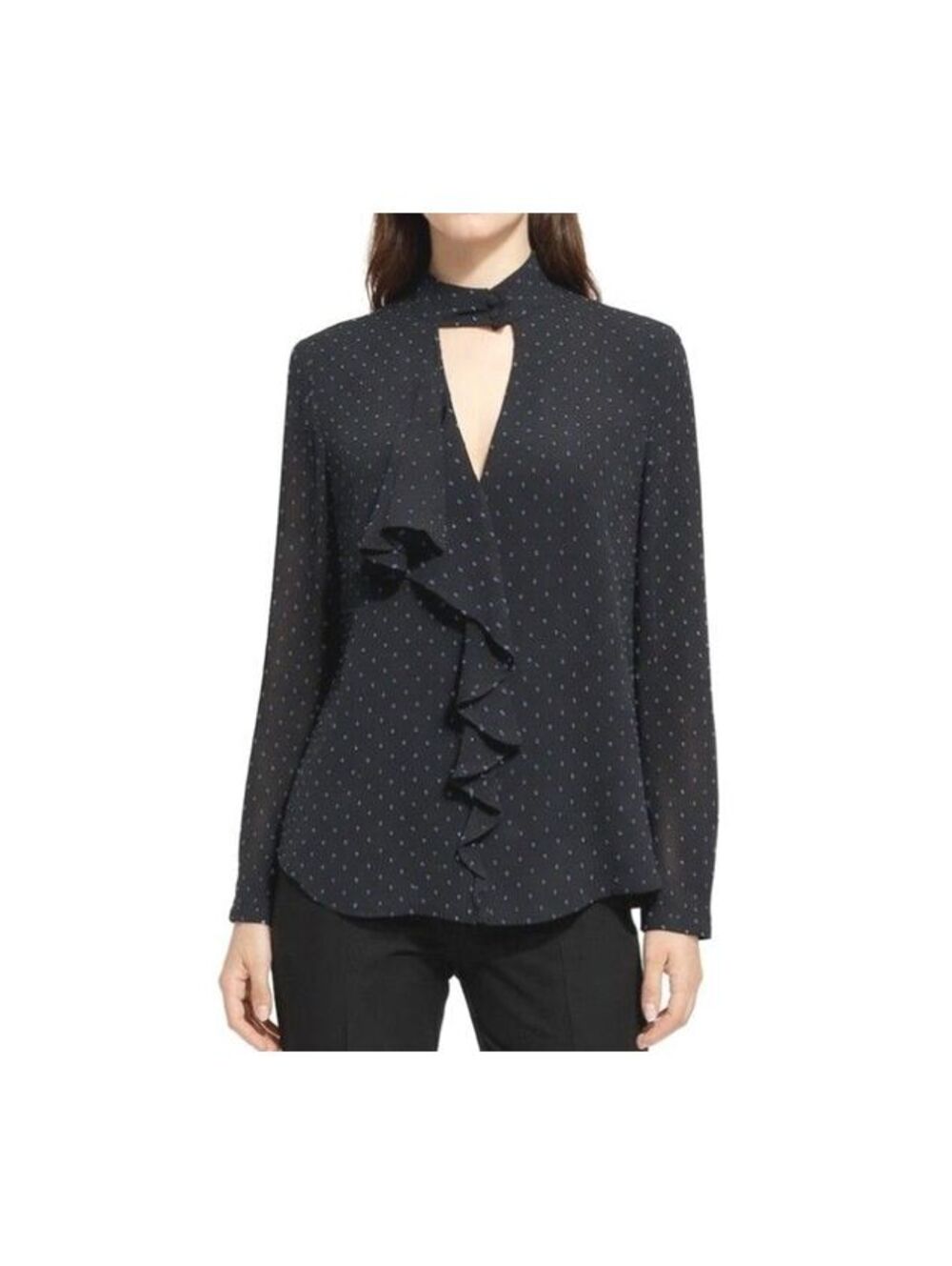 NWT Avec Les Filles Black Polka Dot Keyhole Cascading Ruffle Blouse Small